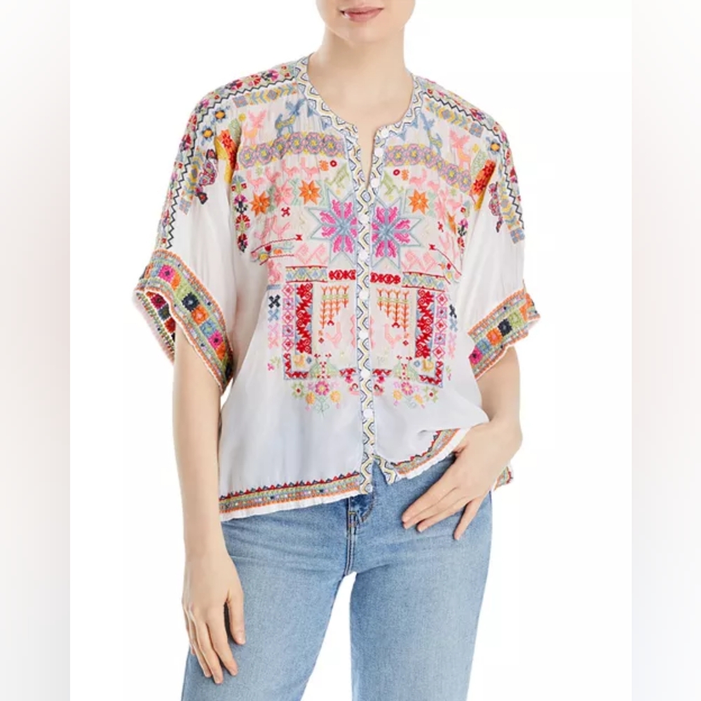 Johnny Was Xylia Embroidered Button Front Blouse Size L - Picture 3 of 11